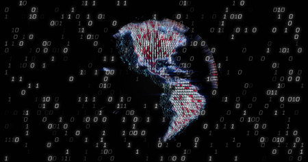 Rotating binary-digit globe depicting Americas in dark digital void, with floating bits. Futuristic, technology, network, digital, cyber, innovation, dataの写真素材