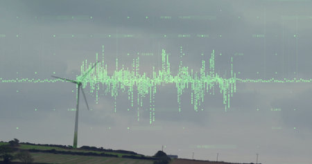 Displaying wind turbine rising over hillside farmland, neon waveform overlay and data points....