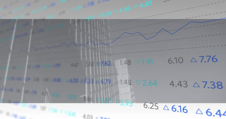 Overlaying translucent finance data fluctuating over glass tower facade, with blue graph and arrows....