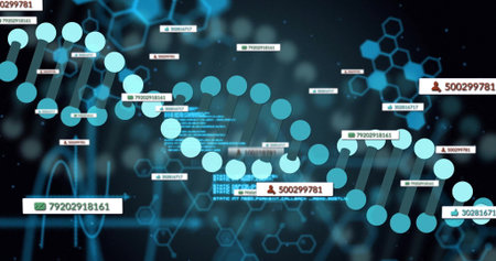 Highlighting stylized DNA helix of circles on dark backdrop, with floating data tags, icon set. Biotechnology, science, data visualization, digital art, molecular structure, technology, innovationの写真素材