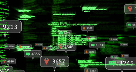 Streaming UI overlays in security dashboard, with location pins, chat bubbles, warning triangles. Cybersecurity, data visualization, digital interface, network monitoring, alert system, futuristic, information technologyの写真素材