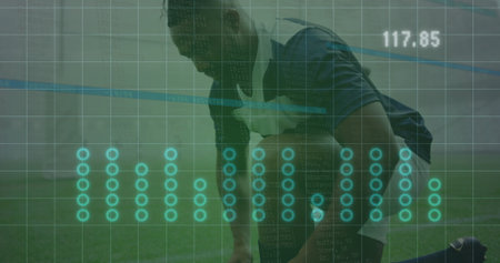 Kneeling athlete adjusting cleat on field, with overlay grid lines, data points, line graph 117.85. Sports, technology, analytics, performance, fitness, outdoor, futuristicの写真素材