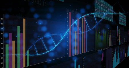 Showing glowing DNA helix on data dashboard, with multicolored charts tables and light particles. Futuristic, technological, data, science, innovation, interface, digitalの写真素材