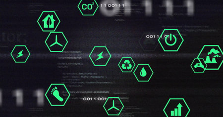 Floating green hexagonal eco and energy icons over dark glitch-effect background, with binary code. Technology, innovation, sustainability, data visualization, futuristic, interface, digitalの写真素材