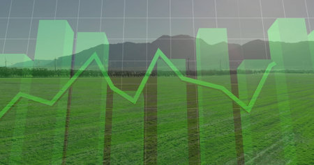 Overlaying translucent green bar chart and line graph over grassy field, with white grid lines. Data visualization, analytics, statistics, outdoor, nature, progress, growthの写真素材