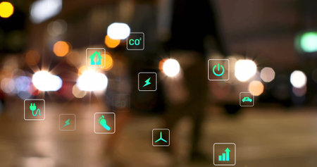 Walking pedestrian silhouette crossing city road at night, with glowing green sustainability icons. Urban, futuristic, environmentally-conscious, digital, modern, eco-friendly, transportationの写真素材