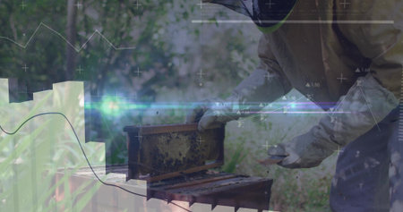 Beekeeper wearing suit and veil pulling honeycomb frame from hive box in garden with data overlays....