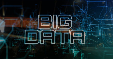 Displaying glowing BIG DATA text over lit control room background, with teal and orange circuits. Futuristic, digital, technology, cyber, innovation, networking, interfaceの写真素材