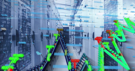 Displaying server racks lining data center corridor with binary code panels, floating 3D overlays....