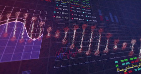 Displaying dashboard showing curved trend line bars ticker list and dual line plots in screen. Analytics, dashboard, neon, visualization, finance, technology, innovationの写真素材