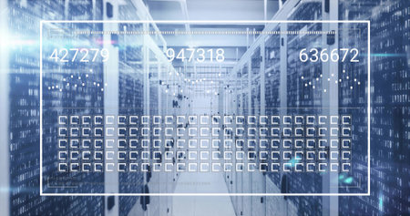 Long narrow server rack corridor showing binary code overlays in data center, with network cables....