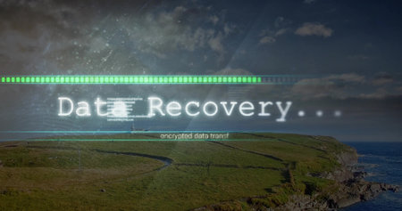 Digital overlay progressing at coastal headland, with Data Recovery bar and encrypted data transfer. Technology, cybersecurity, innovation, data, landscape, nature, progressの写真素材