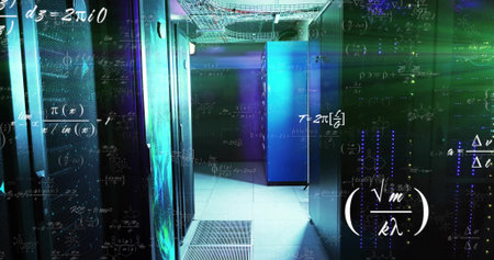 Glowing server racks lining data center corridor, above raised vents showing LEDs and formulas....