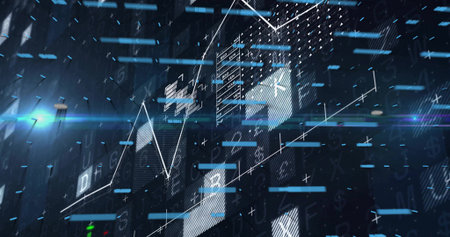 Floating translucent 3D cube showing white line chart in virtual grid, with blue bars, code symbols. Futuristic, data visualization, technological, digital, abstract, analytics, modernの写真素材