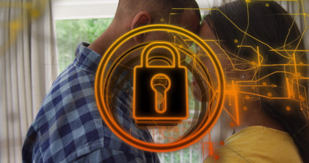 Romantic couple pressing foreheads by window with white curtains, with digital padlock icon overlay....