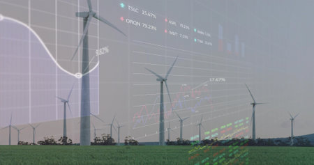 Displaying white wind turbines towering over rural plain, showing stock tickers and chart overlays. Renewable, sustainability, energy, finance, technology, futurism, environmentalの写真素材