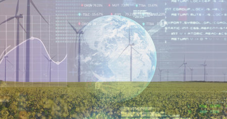 Hovering globe above crop field with turbines, featuring overlays: line graph, code and tickers....