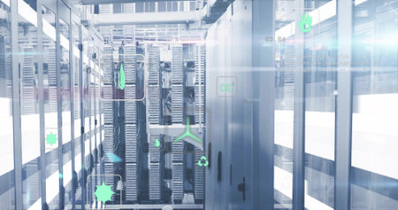 Displaying server racks showing status lights in data center aisle, with CO2 recycling icons....