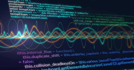 Displaying code editor showing JavaScript functions on dark screen, with neon waveform overlay....
