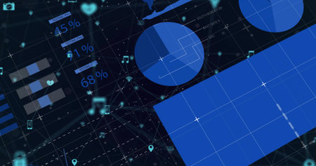 Rendering interface in dark grid, showing blue charts, blue block, 45%, 1%, 68% labels and icons. Futuristic, technology, analytics, dashboard, data visualization, digital, high-techの写真素材