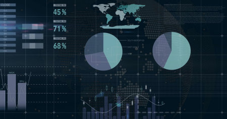Displaying dark dashboard in UI, showing world map, pie charts, bar charts and percentage readouts....