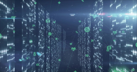 Extending glowing server racks creating data center corridor, with floating green icons and lines....