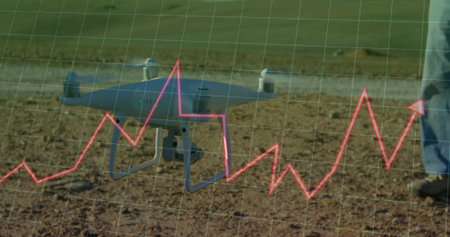 Positioning quadcopter drone hovering over red soil field, with grid overlay and red line graph....