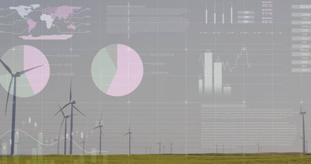 Showing multiple wind turbines spinning on grassy plain, with translucent charts and map overlay. Renewable, sustainability, automation, technology, environment, innovation, analysisの写真素材