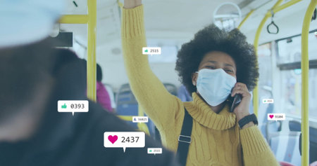 Talking woman wearing mask gripping handrail using phone on bus, copy space. Commuter, interior, urban, communication, connectivity, public transportationの写真素材