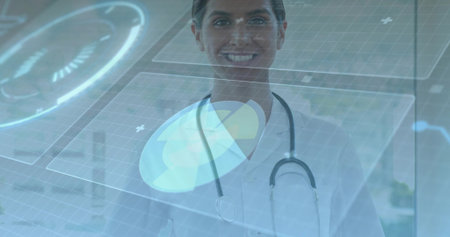Smiling doctor wearing lab coat, stethoscope using holographic panels, grid and round charts in lab. Innovation, healthcare, technology, professionalism, precision, diagnostics, futuristicの写真素材