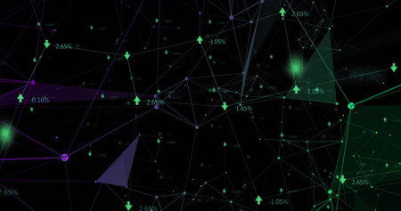 Displaying node-and-link network in digital space, with nodes, lines, arrows, percentage labels....