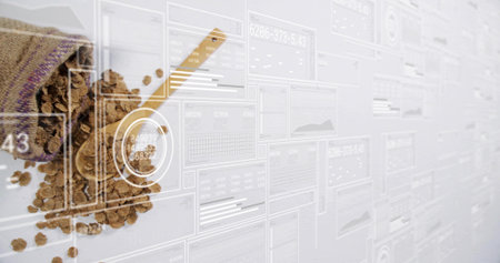 Spilling burlap sack lying on white surface, with gold scoop and data panels, copy space. Granules, digital interface, data visualization, analytics, technology, industrial, minimalisticの写真素材