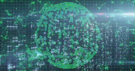 Displaying digital spherical network hovering above server racks at data center with data streams....