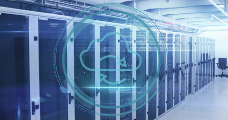 Showing server cabinets syncing in data center corridor, with cloud sync icon and reflective floor....