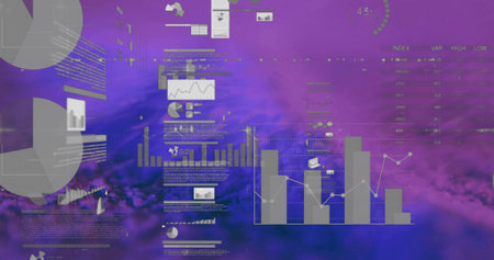 Displaying bar chart clusters line-graph overlays in dashboard over purple clouds, with data table. Futuristic, data, visualization, analytics, digital, dashboard, interfaceの写真素材