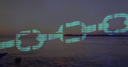 Floating glowing code chain links hovering above calm water at dusk, featuring small orange buoy....