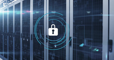 Padlock icon hovering over server racks in data center with visible cabling, enhancing security. Cybersecurity, data, technology, digital, futuristic, protection, infrastructureの写真素材