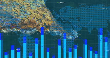 Rendering bar chart columns at software interface, with dotted world map and coastline overlay....