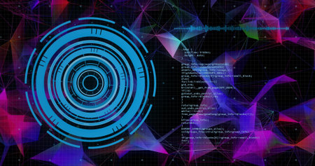 Displaying blue HUD on interface, with grid overlay, neon mesh, code and waveform, copy space....