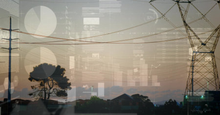 Showing steel tower spanning power lines above roofs at suburban dusk with data overlay, copy space....