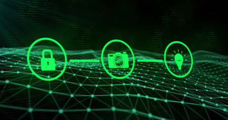 Floating 3 neon green symbols above glowing digital grid, with padlock camera lightbulb icons. Technology, cybersecurity, data, innovation, futuristic, network, digitalの写真素材