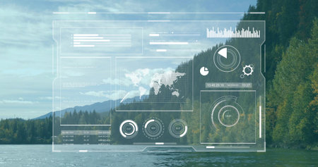 Displaying interface overlay over calm lake surrounded by hills, with world map, gauges and charts. Futuristic, technology, analytics, harmony, nature, outdoor, visualizationの写真素材