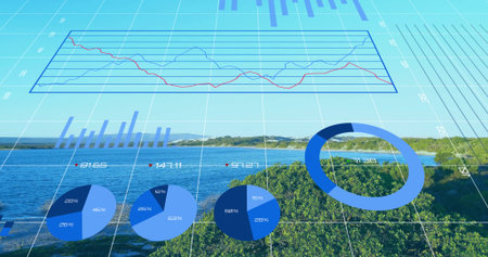 Floating blue ring chart hovering over lake and shrubs, showing grid, line, bar and pie charts. Data visualization, analytics, natural landscape, ecological, environmental, minimalist, vibrantの写真素材