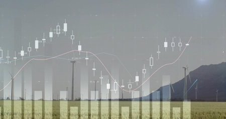 Towering white wind turbines spanning crop field in foothills, with candlestick, bar graph overlays....