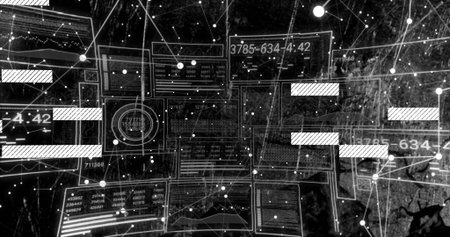 Showing translucent data panels floating on map, with gauge, nodes, dashed lines and data points. Futuristic, technology, analytics, digital, abstract, network, interfaceの写真素材