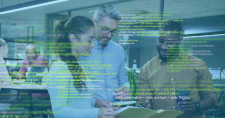 Three developers in casualwear collaborating over tablet and documents in office, with code overlay. Technology, innovation, teamwork, digital, programming, workspace, modernの写真素材