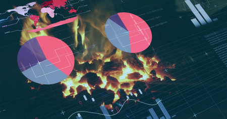 Displaying burning charcoal embers overlaying charts on screen, with pie charts and line graphs. Futuristic, digital, data, visualization, analytics, technology, financeの写真素材