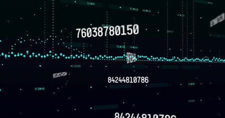 Streaming turquoise waveform fluctuating through data matrix, with numeric sequences and code....