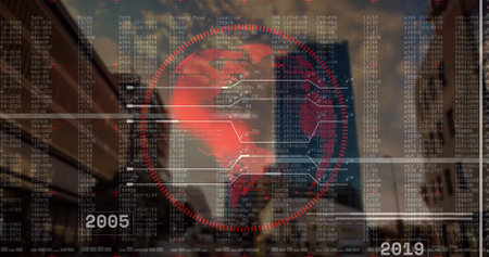 Projecting red globe interface over street with towers, data overlays, nodes and 2005-19 timeline. Futuristic, urban, digital, technology, data visualization, high-rise, innovationの写真素材
