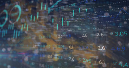 Displaying financial graphics over urban night intersection with numeric overlays, candlestick bars. Urban, technology, data visualization, futuristic, innovation, analytics, digitalの写真素材